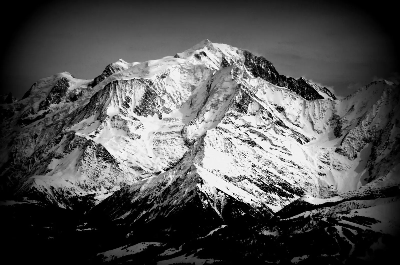 The Mont Blanc massif in the Alps, in black and white